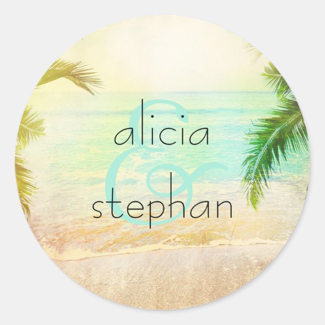 Beach Sunset Wedding Classic Round Sticker (Front)