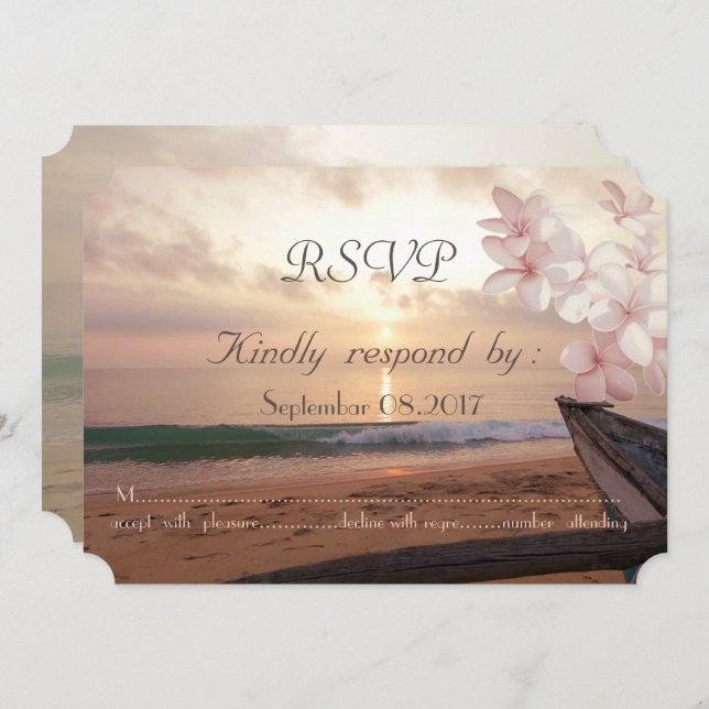 Beach Sunset  Wedding, Plumeria RSVP Invitation (Front/Back)