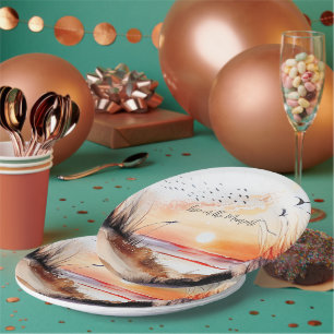 Beach Sunset with Birds Paper Plate