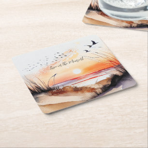 Beach Sunset with Birds Square Paper Coaster