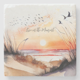 Beach Sunset with Birds Stone Coaster