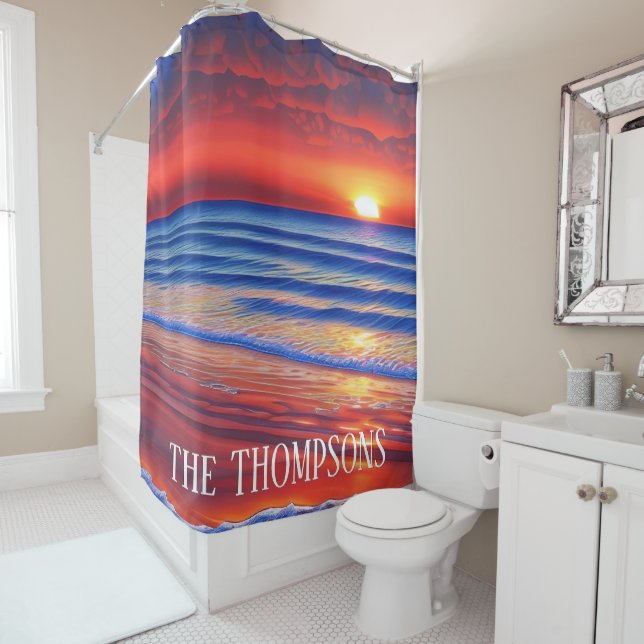 Beach Sunset with Personalised Name Shower Curtain (In Situ)