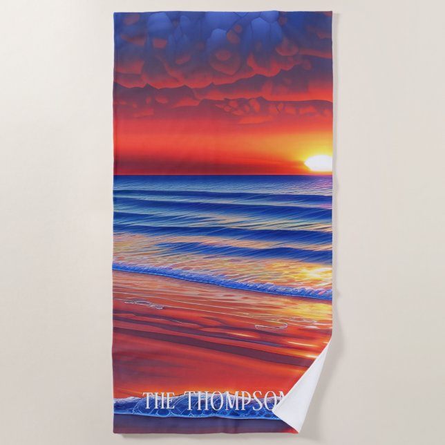Beach Sunset with Personalised Name  Towel (Front)