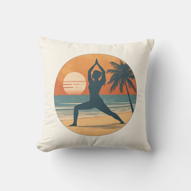 Beach Sunset Yoga Silhouette | Reversible Coastal Cushion (Front)