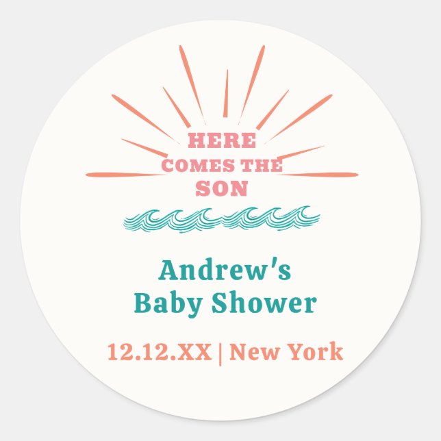 Beach Sunshine Here Comes The Son Baby Shower  Classic Round Sticker (Front)