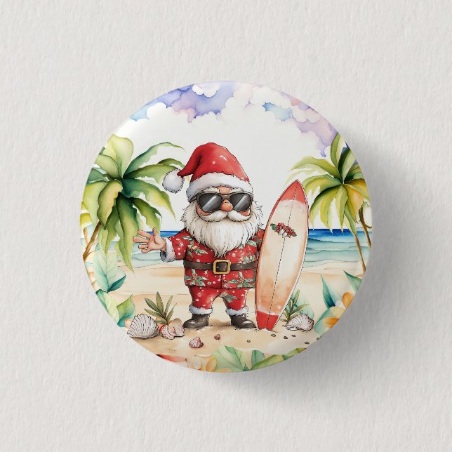 Beach Surf Christmas Party with Santa Claus  3 Cm Round Badge (Front)