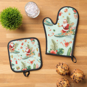 Beach Surf Christmas Party with Santa Claus Oven Mitt & Pot Holder Set