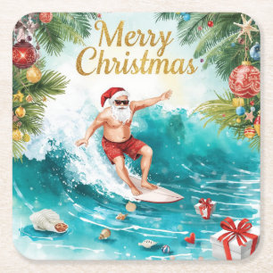 Beach Surf Christmas Party with Santa Claus Squar Square Paper Coaster