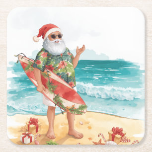 Beach Surf Christmas Party with Santa Claus Square Paper Coaster