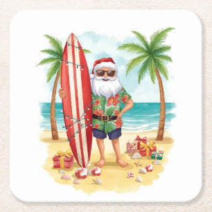 Beach Surf Christmas Party with Santa Claus Square Paper Coaster
