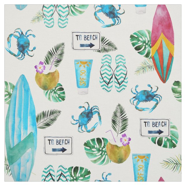 Beach Surfboard summer flip flops watercolor Fabric (Swatch)