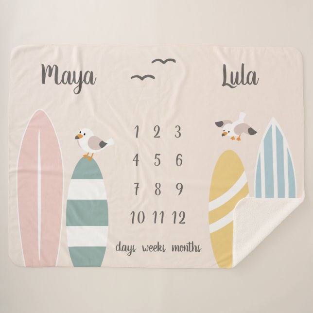 Beach Surfer Twins Milestone Baby  Sherpa Blanket (Front (Horizontal))