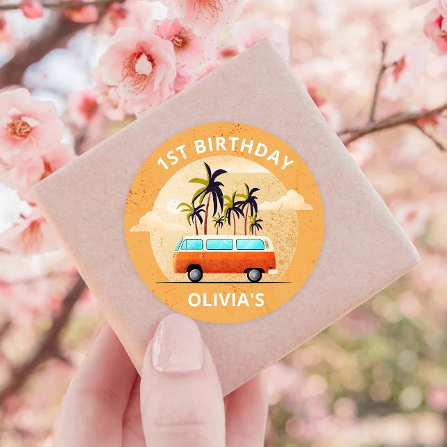 Beach Surfing Birthday Party  Classic Round Sticker (Creator Uploaded)