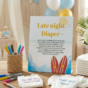 Beach surfing late night diaper baby shower sign