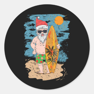 Beach Surfing Santa Funny Summer Hawaii Christmas Classic Round Sticker