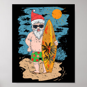 Beach Surfing Santa Funny Summer Hawaii Christmas Poster