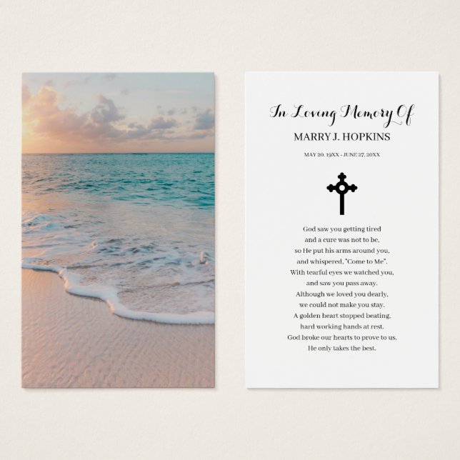 Beach Sympathy Funeral Memorial Prayer Cards (Front & Back)