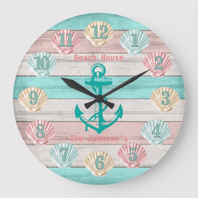 Beach Teal and Coral Seashells& Anchor Large Clock (Front)