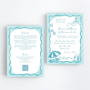 Beach Teal Hand Drawn QR RSVP All-In-One Wedding Invitation