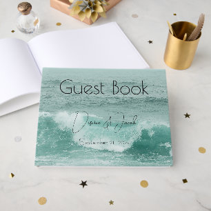 Beach Teal White Nautical Ocean Waves Guest Book