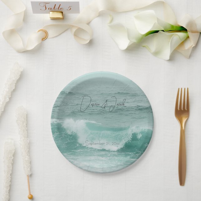 Beach Teal White Nautical Ocean Waves Paper Plate (Wedding)