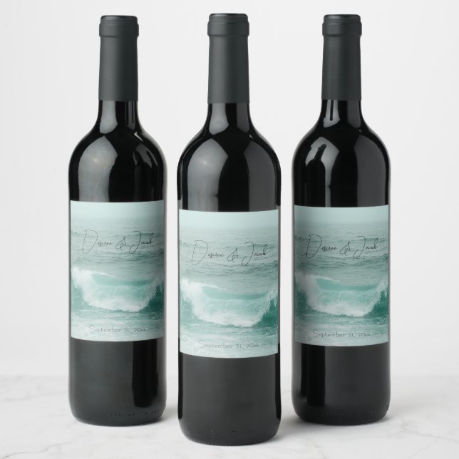 Beach Teal White Nautical Ocean Waves Wine Label (Bottles)