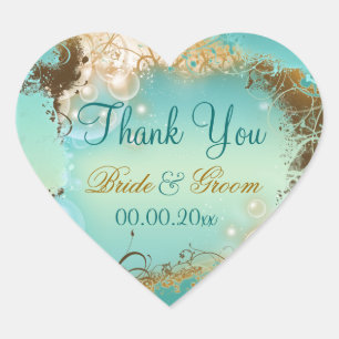 Beach "thank you" wedding aqua white heart sticker