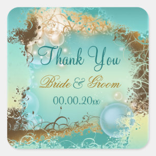 Beach "thank you" wedding aqua white square sticker