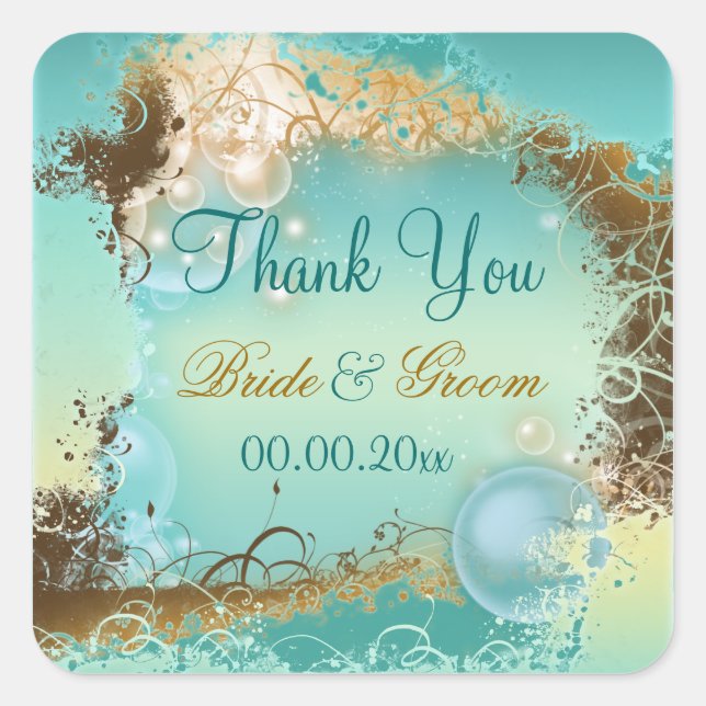 Beach "thank you" wedding aqua white square sticker (Front)