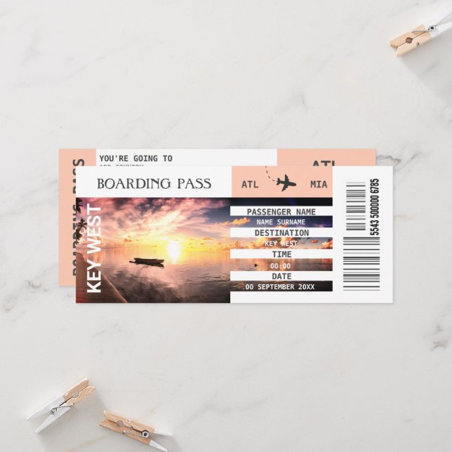 Beach theme aeroplane boarding pass weekend invitation (Front/Back In Situ)