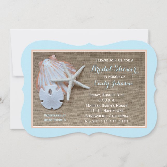 Beach Theme Bridal Shower Invitation Burlap Look (Front)