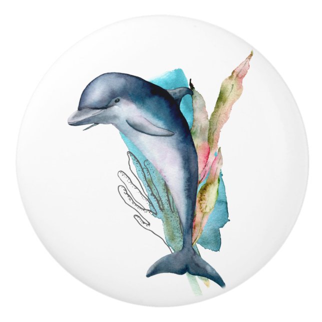 Beach Theme Dolphin Watercolor Art Ceramic Knob (Front)