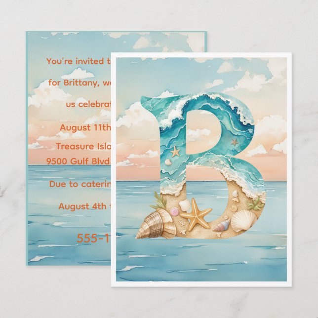 Beach Theme Initial Birthday Digital Download Invitation (Front/Back)