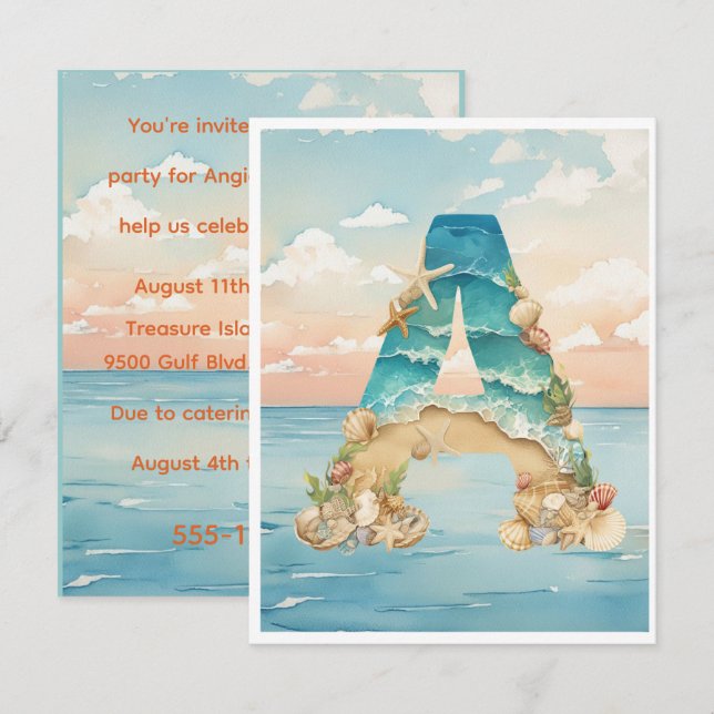 Beach Theme Initial Birthday Digital Download Invitation (Front/Back)