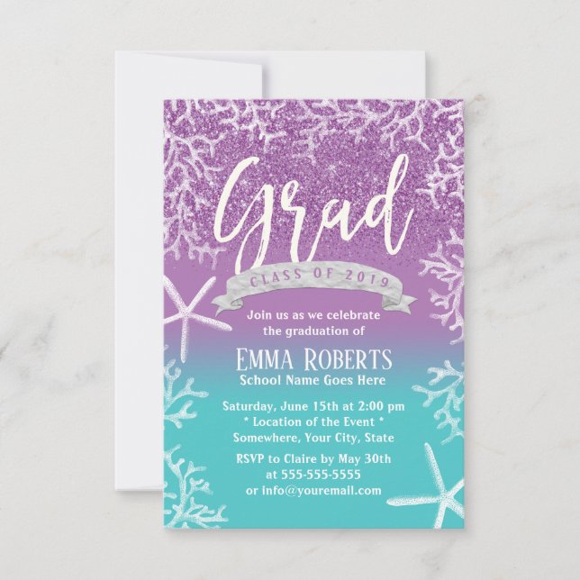 Beach Theme Lavender Teal Ombre Graduation Party Invitation (Front)