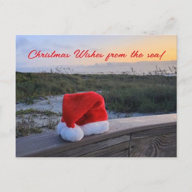 Beach theme post card card with Santa Hat (Front)
