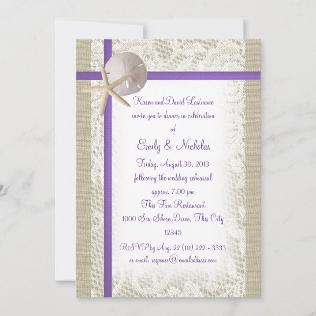 Beach Theme Rehearsal Dinner Purple Invitation (Front)