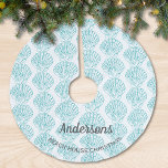 Beach Theme Shell Family Name Beach House Teal Brushed Polyester Tree Skirt<br><div class="desc">Add this stylish tree skirt to your beach house holiday decor.
With an all over shell pattern in turquoise on a white background it is perfect for your beach themed festivities.
Customise it by changing the name to your own and the other words too if you wish.</div>
