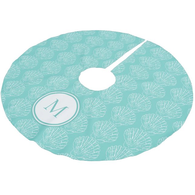 Beach Theme Shell Monogram Turquoise Brushed Polyester Tree Skirt (Angled)
