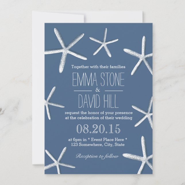 Beach Theme Starfish Frame Navy Blue Wedding Invitation (Front)