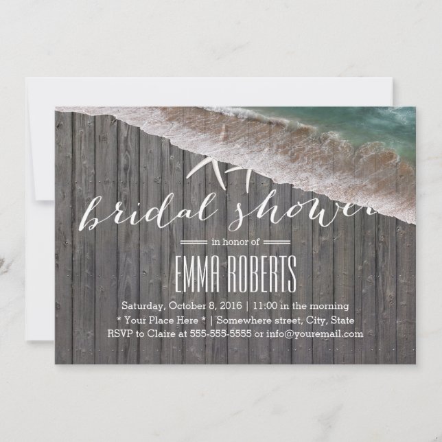 Beach Theme Starfish Wood Background Bridal Shower Invitation (Front)