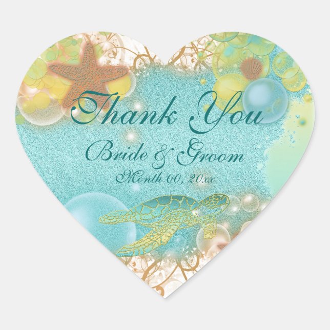 Beach theme "thank you" wedding birthday heart sticker (Front)