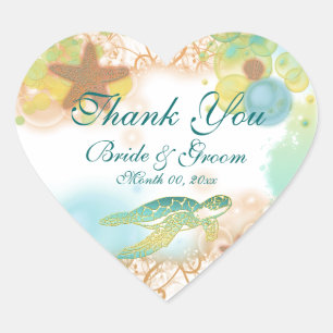 Beach theme "thank you" wedding birthday heart sticker