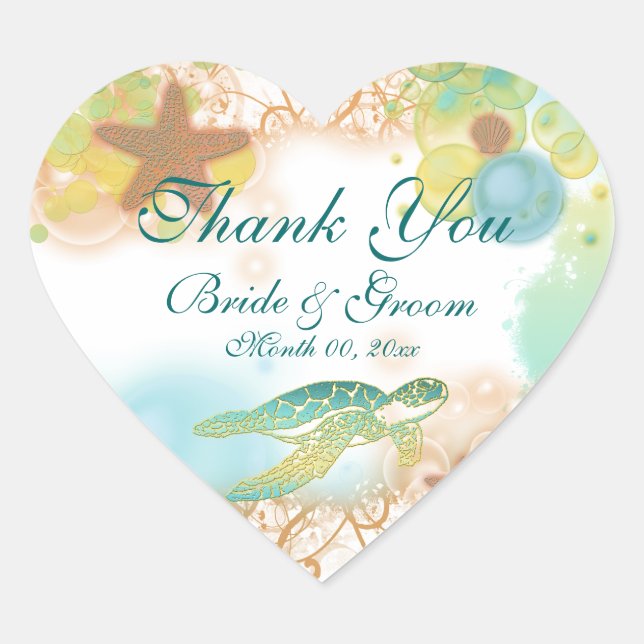 Beach theme "thank you" wedding birthday heart sticker (Front)