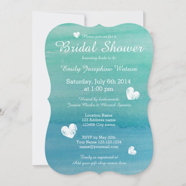 Beach theme watercolor bridal shower invitations (Front)