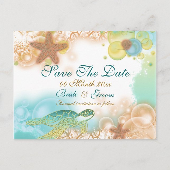 Beach theme wedding "save the date" announcement postcard (Front)