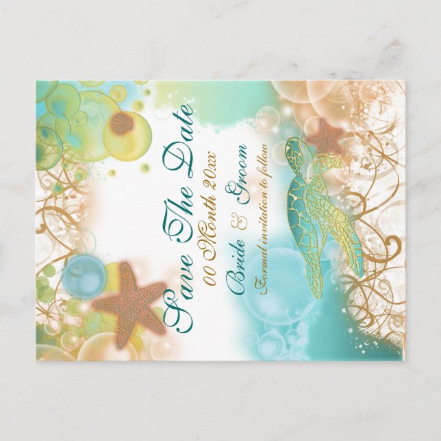 Beach theme wedding "save the date" announcement postcard (Front)