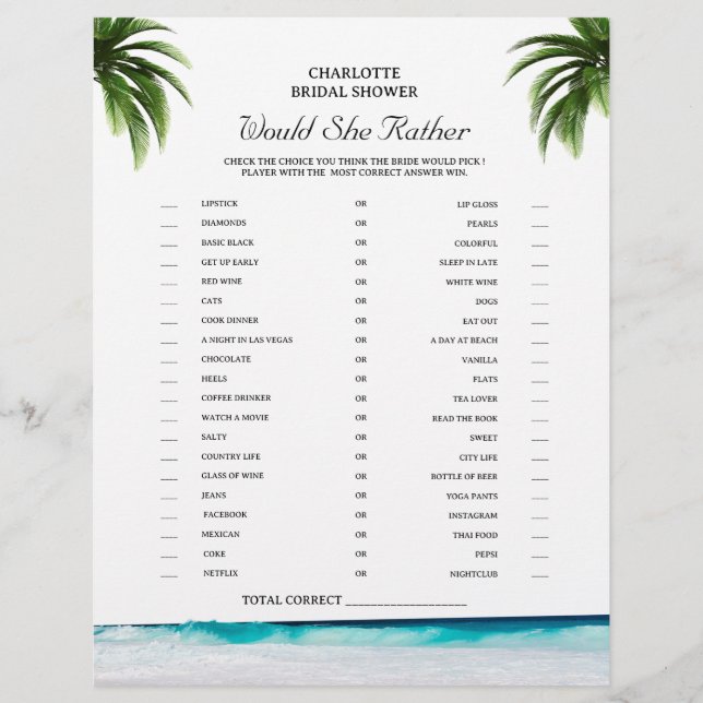  Beach Theme Would She Rather Bridal Shower Game  Flyer (Front)