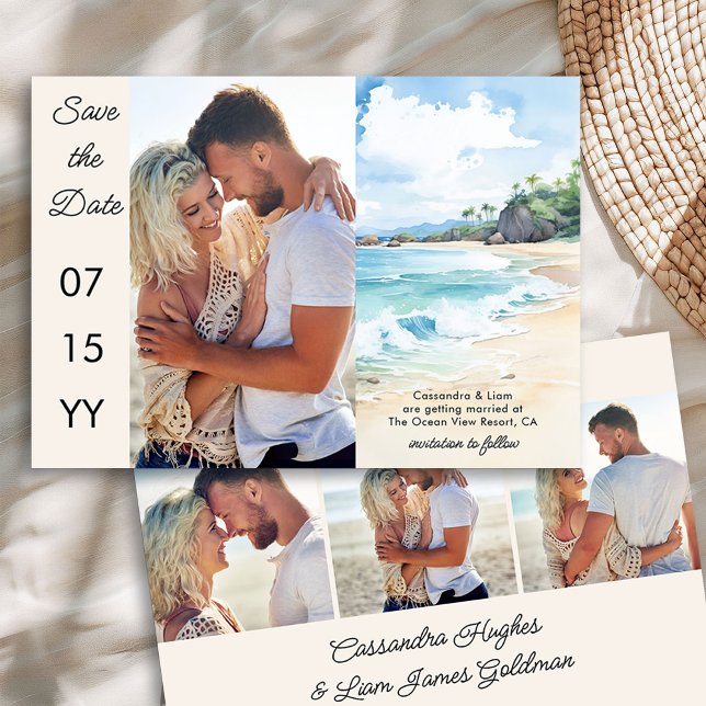 Beach Themed 4 Photo Wedding Save The Date (Photo Save the Date from the Summer Beach Wedding Collection by Darling & May)