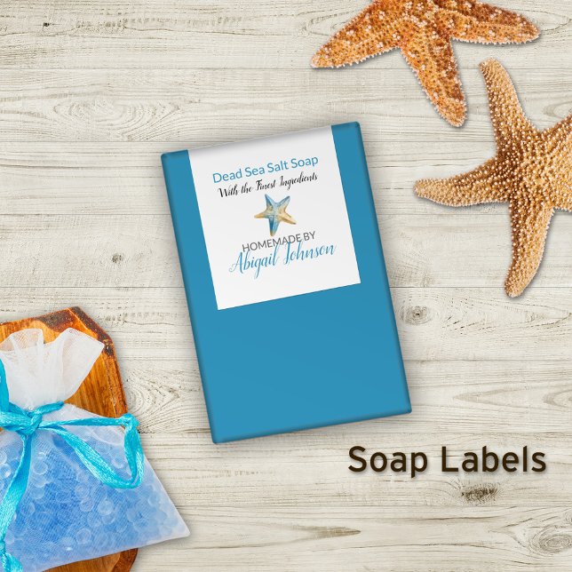 Beach-Themed Blue + Starfish Handmade Soap Label (Creator Uploaded)